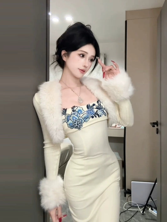 Slit cheongsam bodycon skirt women's shawl coat  G017