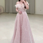 A Line Off The Shoulder Sequin Pink Long Evening Dress Prom Dresses Birthday Outfits   cg26195