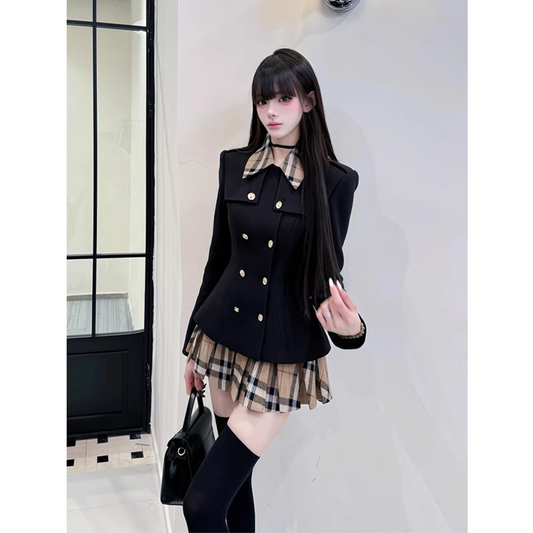 Women's two-piece suit jacket and high-waisted pleated skirt G057