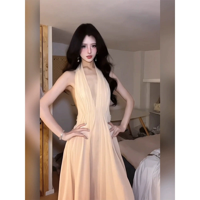 V-neck halter dress, backless maxi dress, vacation dress  G106