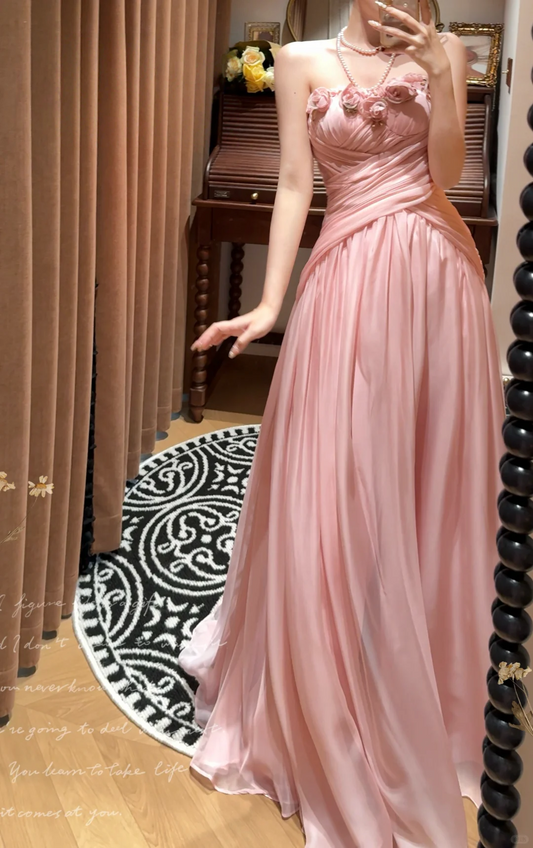 Pink Chiffon Prom Party Dress With 3d Flowers Sweet Evening Dress cg26321