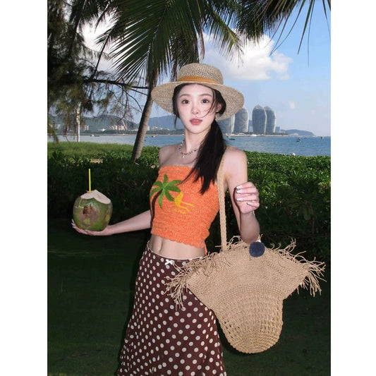 Knitted strapless top and polka dot skirt set G029