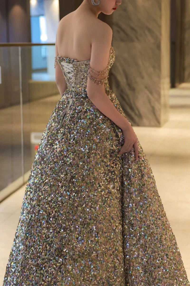 Ball Gown Straps Sequin Silver Long Evening Dress Prom Dresses Birthday Outfits  cg26193