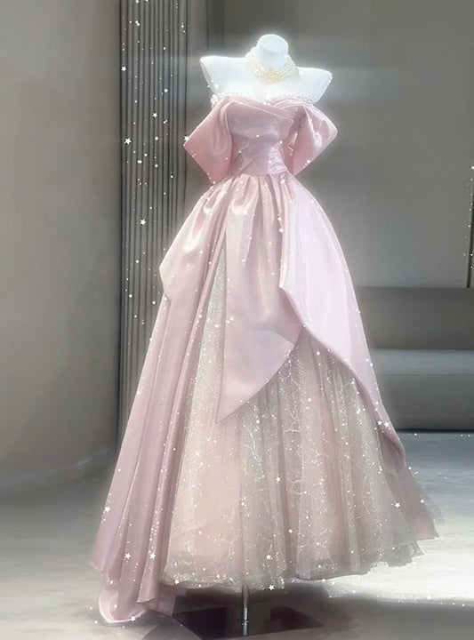 Pink Satin Tulle Off the Shoulder Prom Dress cg26173