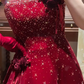 Burgundy Velvet Prom Party Dress With Gloves Birthday Party Dress With Beads    cg26312