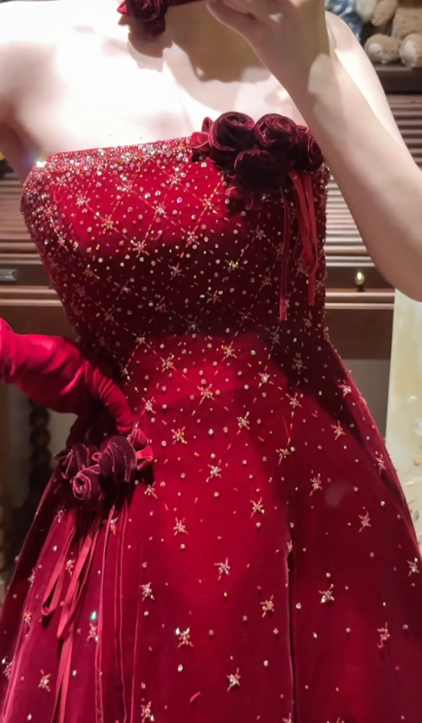 Burgundy Velvet Prom Party Dress With Gloves Birthday Party Dress With Beads    cg26312