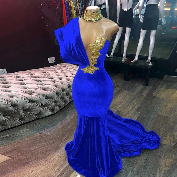 Emerald Green Evening Dresses High Neck Appliques Gold Lace Mermaid Prom Dresses Sexy Formal Velvet Party Gowns    cg19494