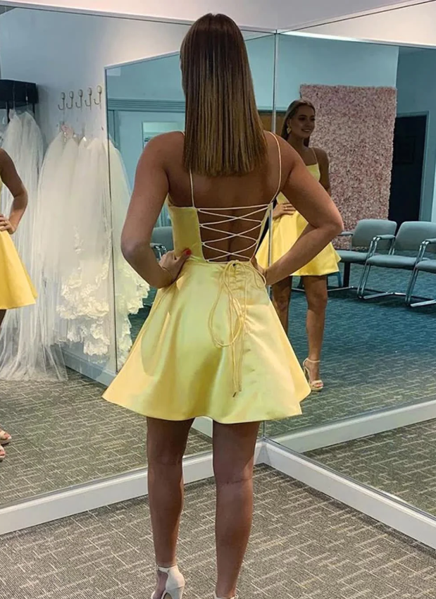 Simple yellow satin short dress yellow homecoming dress    cg21631