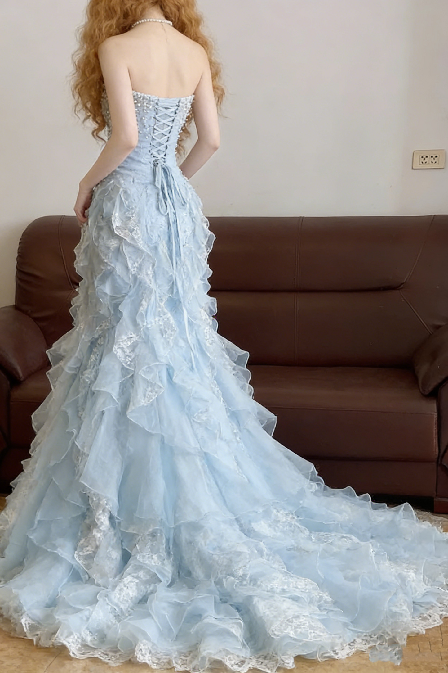 Blue Mermaid Vintage Tulle Long Evening Dresses,Sleeveless Party Gowns  cg25484