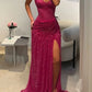 Glitter Mermaid Prom Dresses, Sleeveless Sweetheart Neckline Evening Dress, Long Split Formal Dress    cg25952