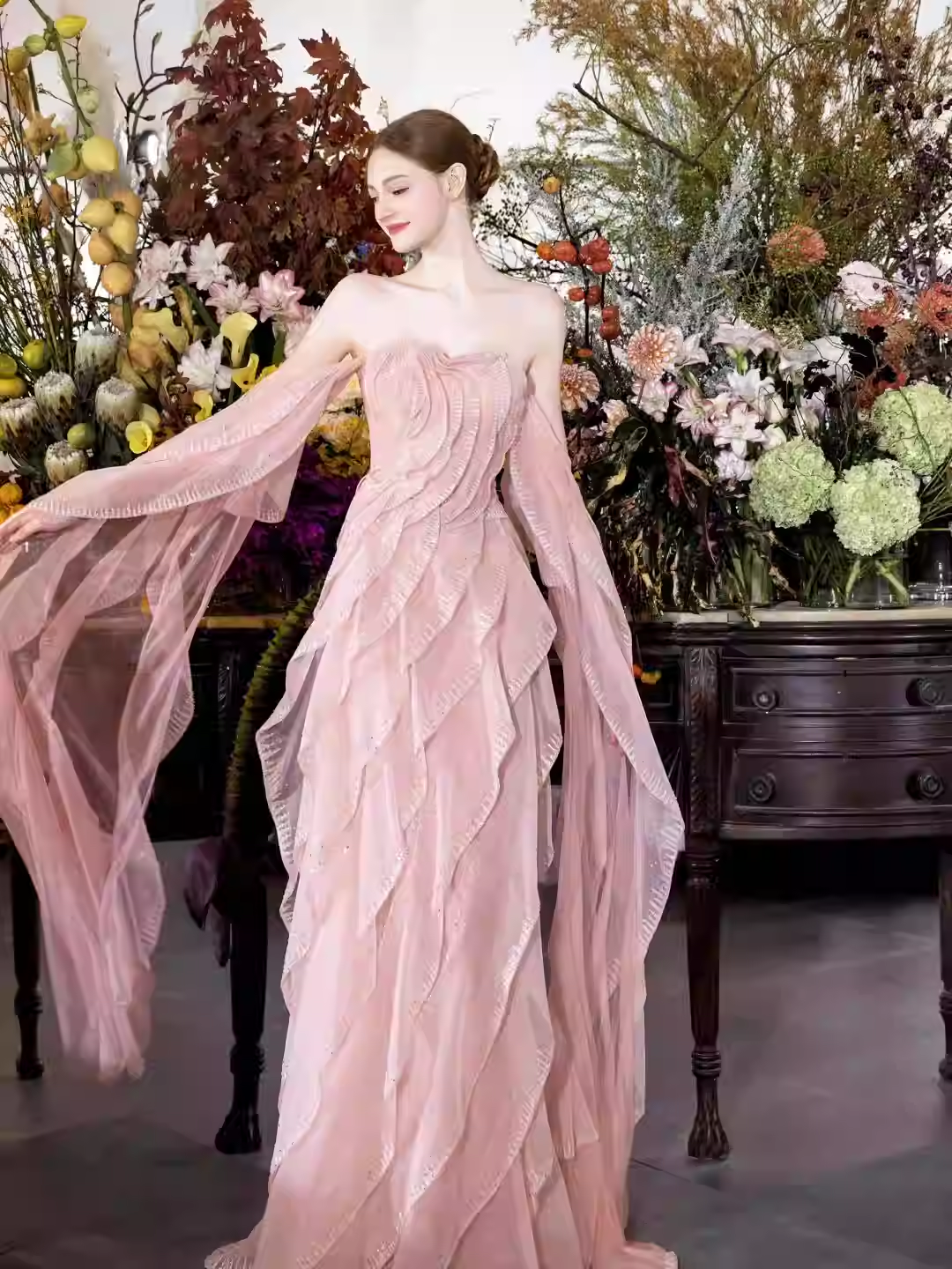 Sweet Strapless Sheath Long Prom Dresses Tulle Pink Evening Dresses cg26123