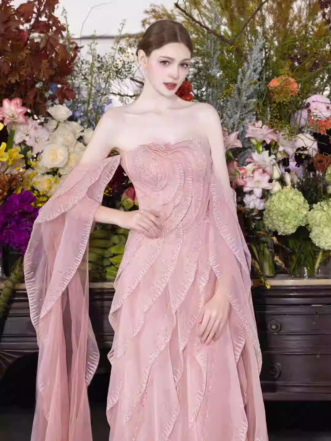 Sweet Strapless Sheath Long Prom Dresses Tulle Pink Evening Dresses cg26123