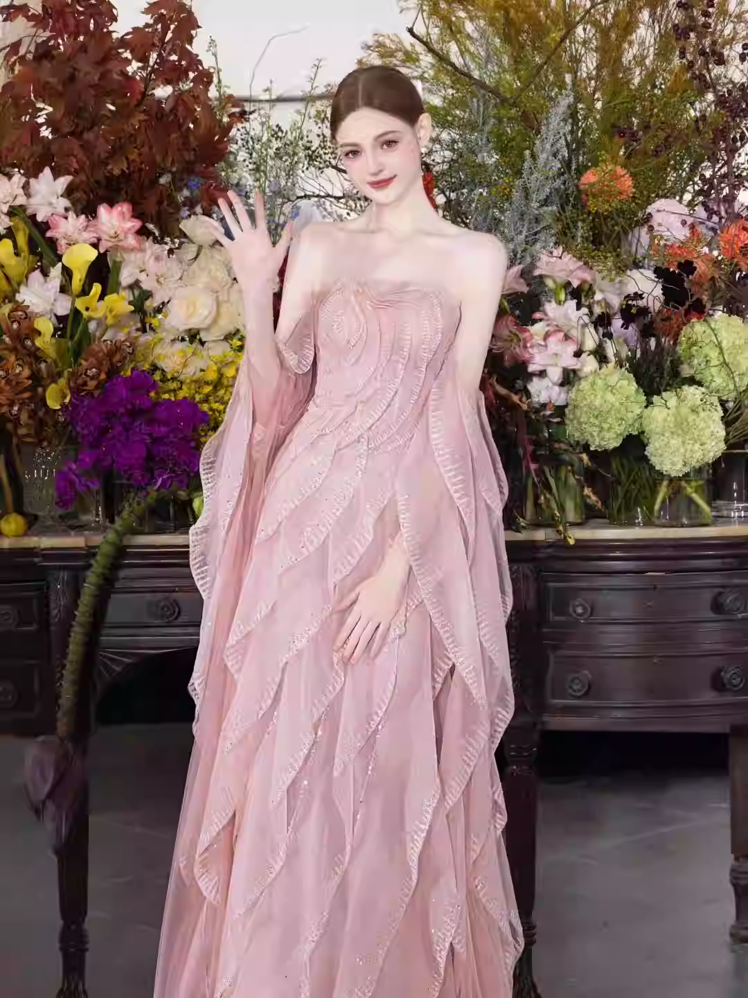 Sweet Strapless Sheath Long Prom Dresses Tulle Pink Evening Dresses cg26123