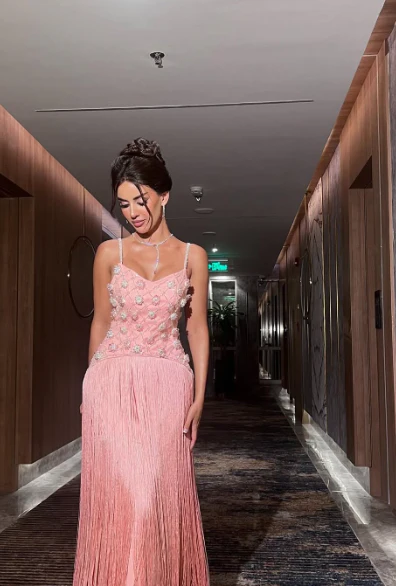 A Line Spaghetti Straps Pink Satin Sequin Tassel Long Prom Dress, Evening Dress cg26187