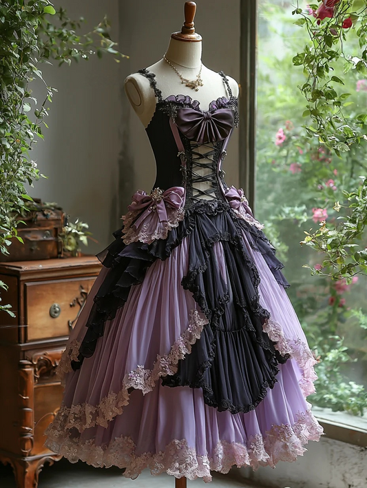 Lilac &Black Chiffon Lace Prom Party Dress Birthday Dress  cg26292