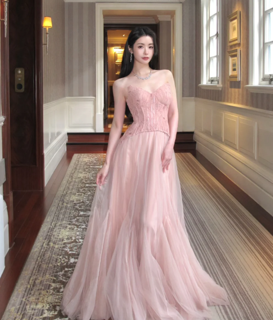 Sleeveless Pink Tulle Prom Party Dress Classy Evening Dress cg26372