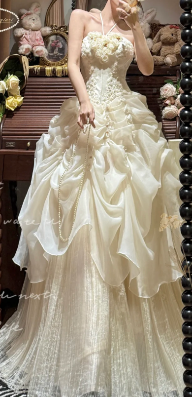 Organza Lace Vintage Wedding Dress Retro Prom Party Gowns    cg26311