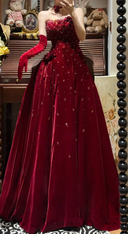 Burgundy Velvet Prom Party Dress With Gloves Birthday Party Dress With Beads    cg26312