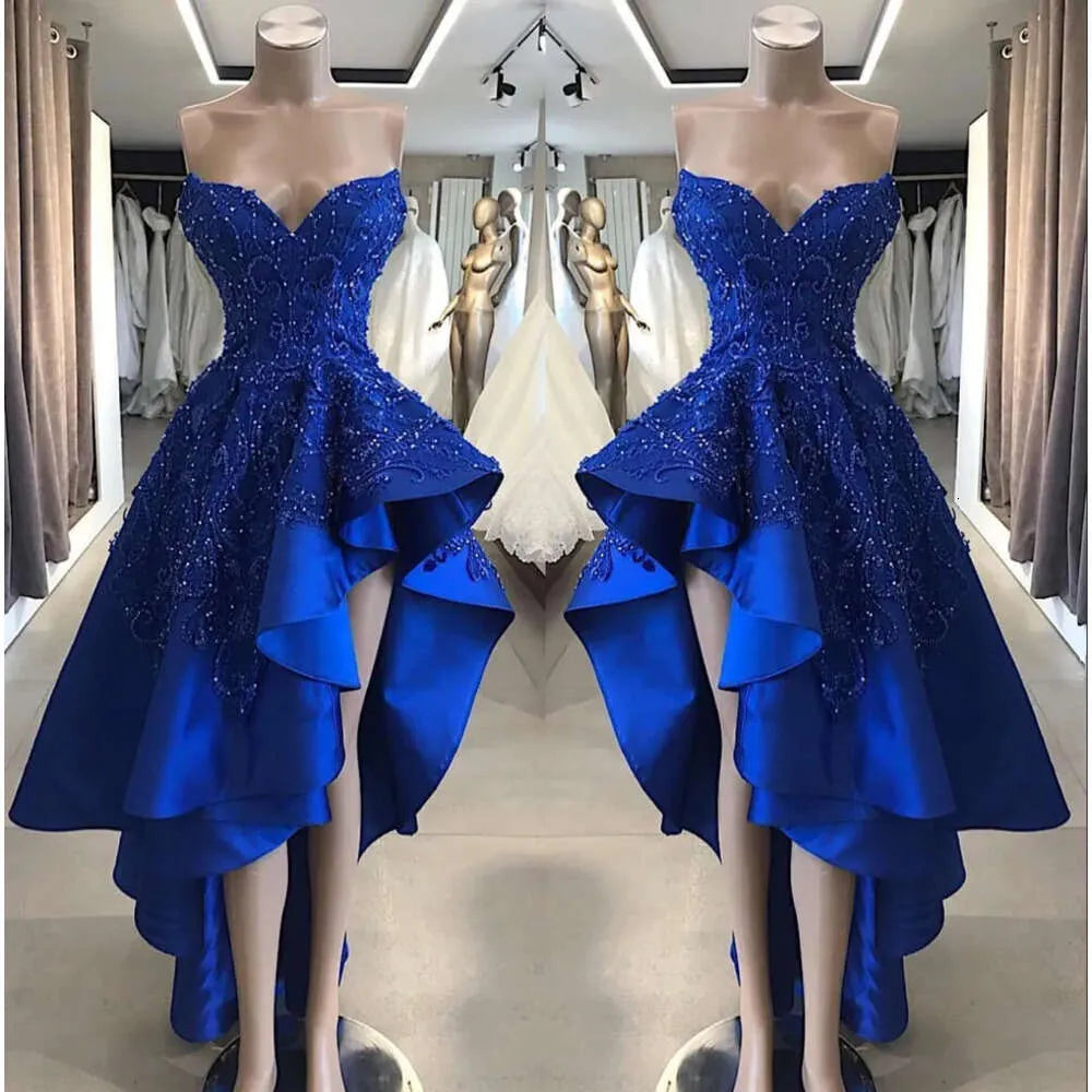Royal Blue High Low Evening Party Dresses Sweetheart Beaded Lace Applique Ruffles Skirt Summer Occasion Prom Gowns  cg1995