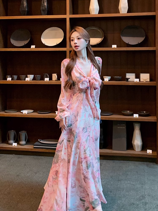 V-neck tie-up printed dress, long skirt for women  G064