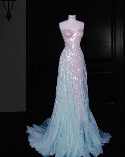 Champagne And Mint Green Shiny Prom Party Dress Classy Evening Dress cg26340