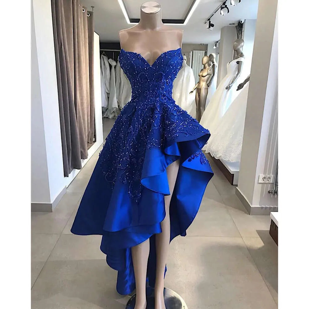 Royal Blue High Low Evening Party Dresses Sweetheart Beaded Lace Applique Ruffles Skirt Summer Occasion Prom Gowns  cg1995