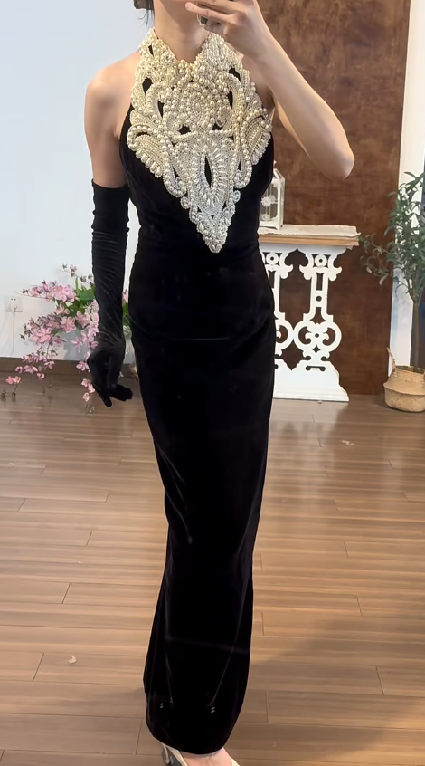 Pearls Black Mermaid Prom Party Dress Vintage Evening Gowns cg26367