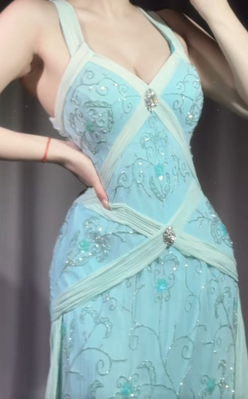 Vintage Blue Beaded Long Prom Dresses Formal Party Dress Birthday Outfit cg26112