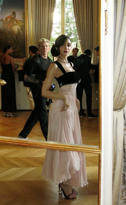 Pink Chiffon Evening Dress With Black Velvet Classy Long Prom Dress  cg26082