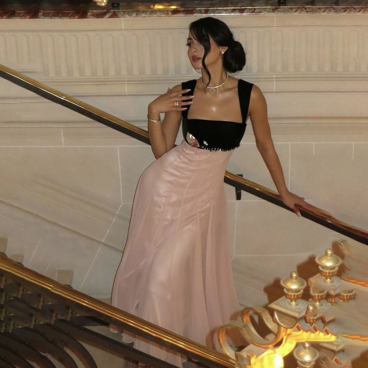 Pink Chiffon Evening Dress With Black Velvet Classy Long Prom Dress  cg26082