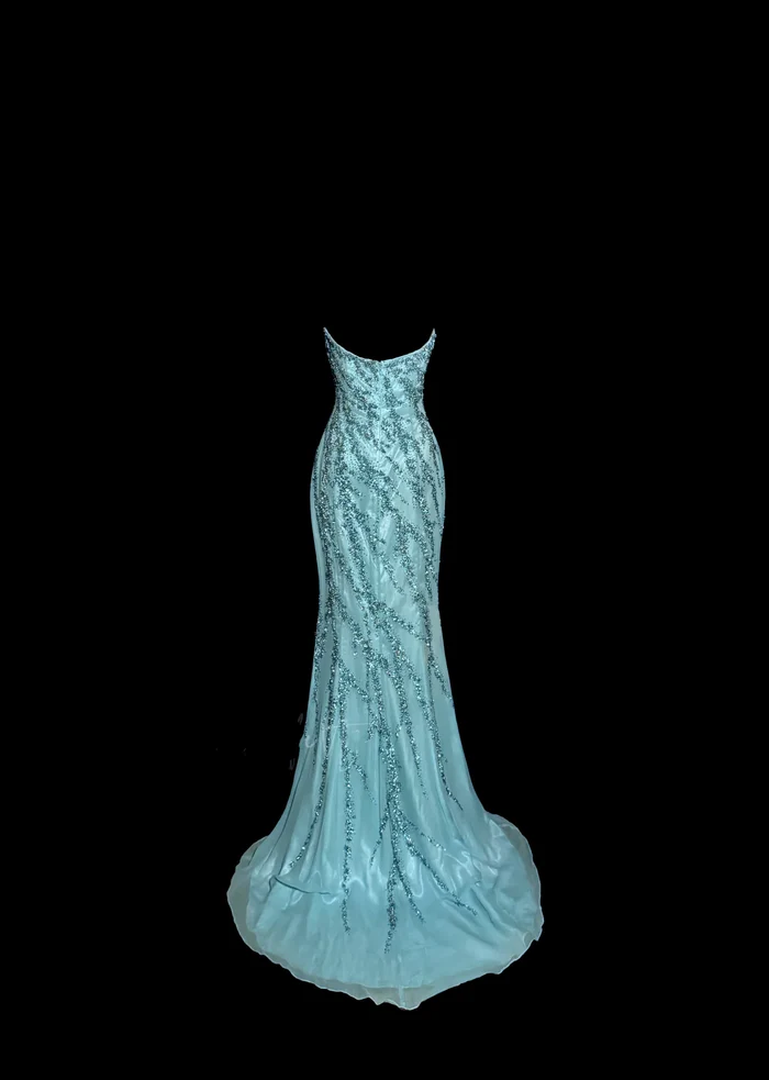 Vintage Mermaid Strapless Tulle Blue Beads Long Prom Gown Fairy Prom Dresses cg26130