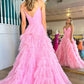 V Neck Pink Long Prom Dresses, Pink V Neck Long Formal Evening Dresses       cg24952