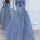 Blue prom dress long Fairy ball gown dress Long sleeves prom dress Sparkle rhinestone dress Romantic star print evening dress     cg24826