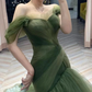 Green long off the shoulder Prom Dresses     cg24847
