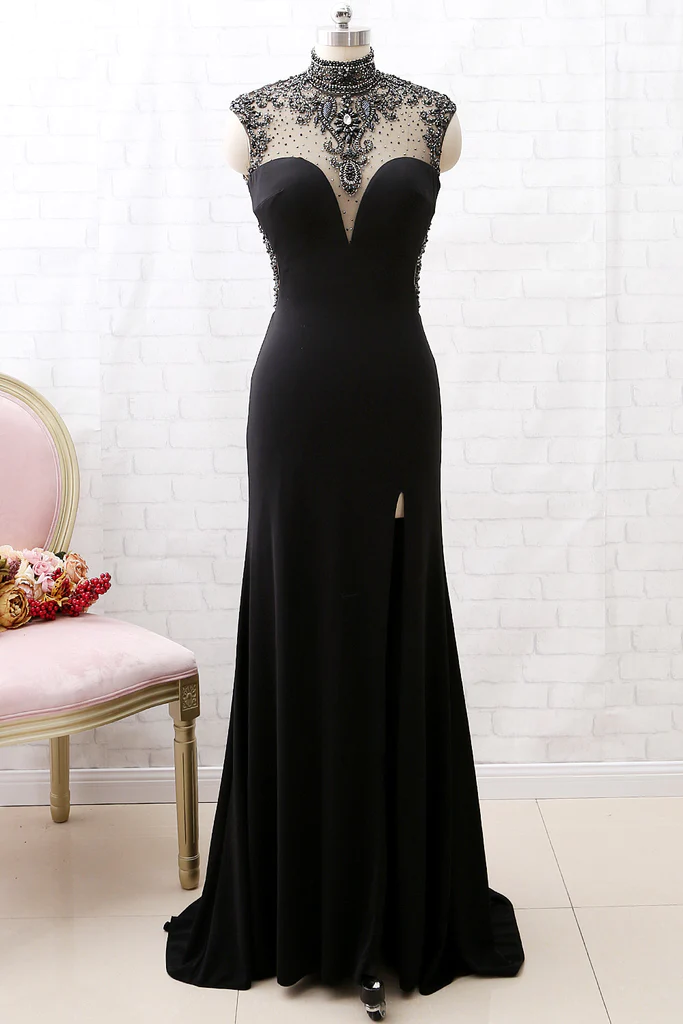 Mermaid High Neck Beaded Jersey Black Formal Evening prom Gown with Slit  cg6523
