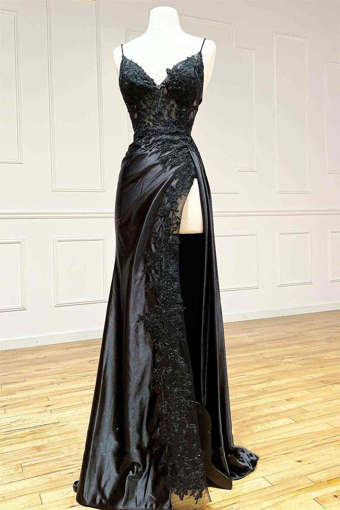 Black Long Appliques Prom Dress with Spaghetti Straps    cg24993