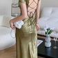 Elegant Women Green Satin Backless Mixi Dress Palace Short Sleeve Lace V-Neck Bandage Vintage Bodycon Evening Gown    cg24972