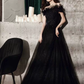 BLACK TULLE BEADS LONG A LINE PROM DRESS EVENING DRESS    cg21506