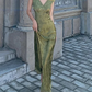Elegant Women Green Satin Backless Mixi Dress Palace Short Sleeve Lace V-Neck Bandage Vintage Bodycon Evening Gown    cg24972