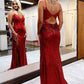 Red Sequin Spaghetti Straps Mermaid Long Formal Prom Dress with Slit    cg24884
