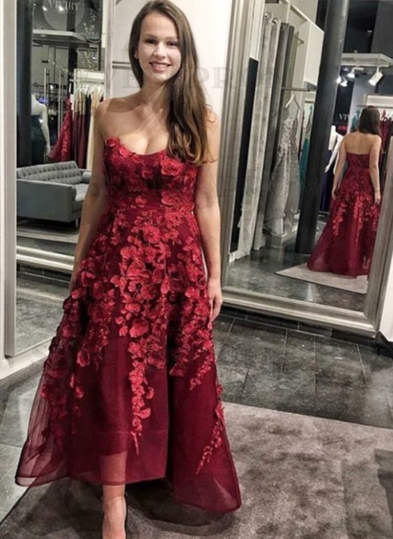 A-Line Sweetheart High Low Burgundy Prom Dress    cg10010