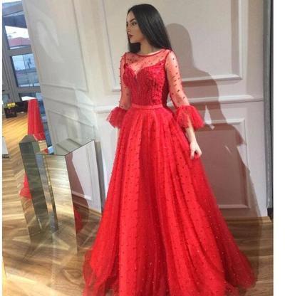 Chic Red Beaded Prom Dresses Long Sleeves Sheer Bateau Neck Evening Gowns Floor Length  cg10019