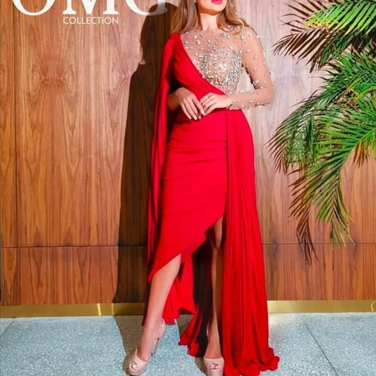 red one shoulder crew neckline side slit sashes pleats crystal chiffon evening prom dresses gowns formal dresses   cg10022