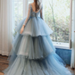 BLUE ROUND NECK TULLE SEQUIN LONG PROM GOWN BLUE FORMAL DRESS  cg10033