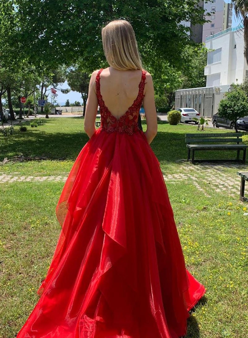 Red v neck tulle lace long prom dress, red evening dress cg1004