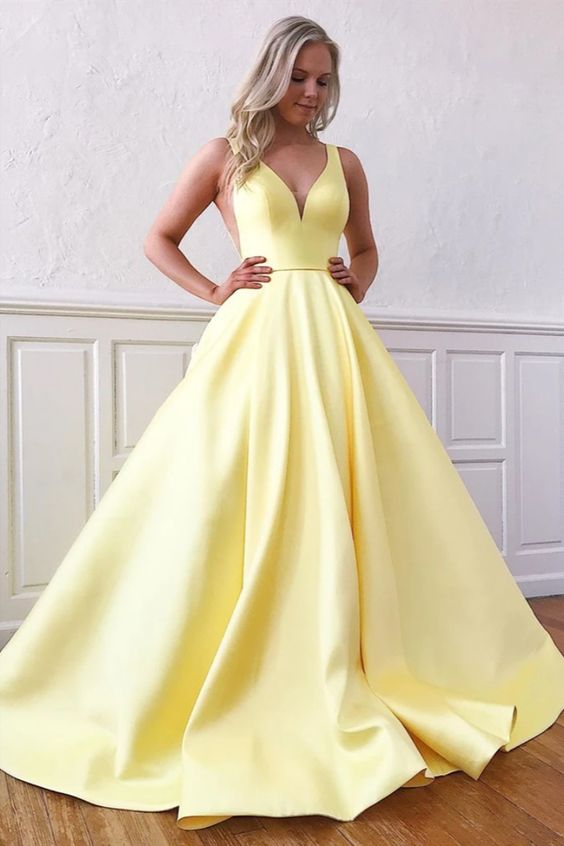 V Neck Yellow Satin Prom Dresses, V Neck Yellow Formal Evening Graduation Dresses   cg10042
