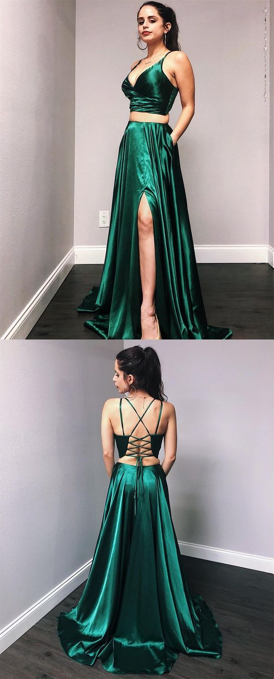 Princess Prom Dress,Two Pieces Prom Dress,Green Prom Dress,V-Neck Prom Dress,Emerald Green Prom Dress,Long Party Dress  cg10099