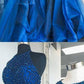Blue high neck tulle beads long prom dress, blue evening dress, blue formal dress cg1011
