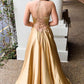 Halter Lace-Up Mesh Gold Long Prom Dress with Slit   cg10136