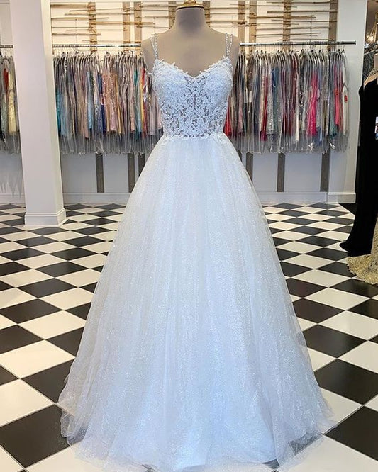 Lace Bodice White Spaghetti Straps Prom Dress with Sparkle Skirt   cg10149
